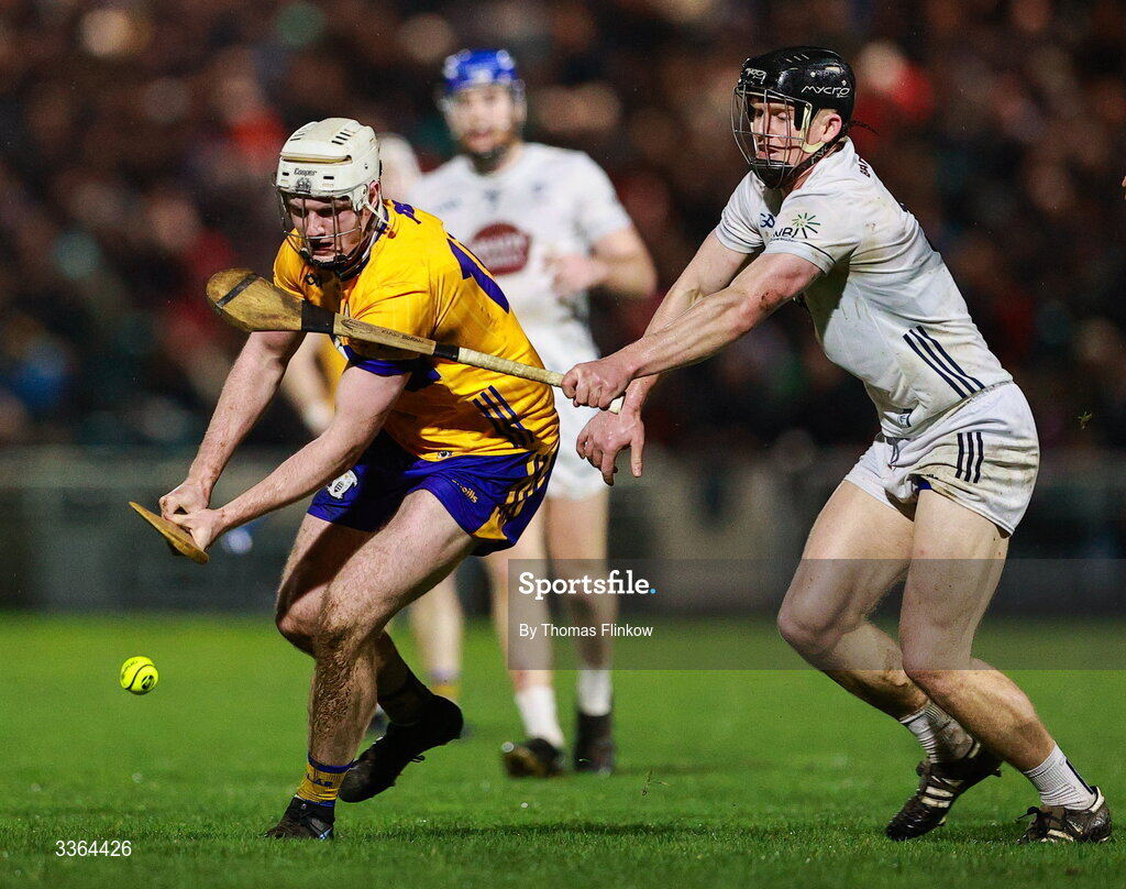 21 February 2026; Colm O'Meara of Clare in action against Rian Boran of Kildare during the Allianz Hurling League Division 1B match between Kildare and Clare at Cedral St Conleth's Park in Newbridge, Kildare. Photo by Thomas Flinkow/Sportsfile