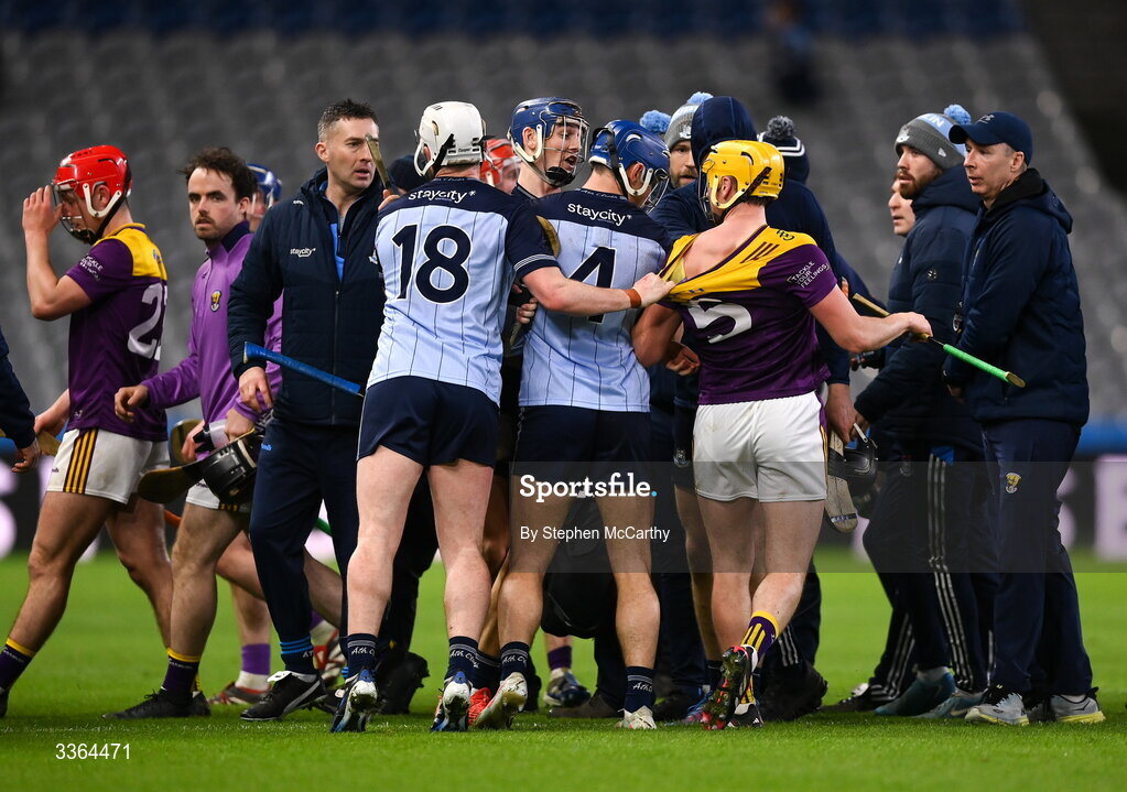 21 February 2026; Damien Reck of Wexford has his jersey pulled by Conor Donohoe of Dublin after the Allianz Hurling League Division 1B match between Dublin and Wexford at Croke Park in Dublin. Photo by Stephen McCarthy/Sportsfile