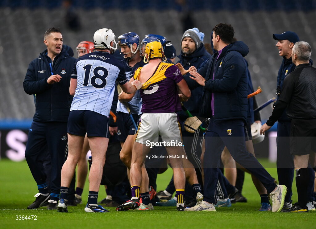 21 February 2026; Damien Reck of Wexford has his jersey pulled by Conor Donohoe of Dublin after the Allianz Hurling League Division 1B match between Dublin and Wexford at Croke Park in Dublin. Photo by Stephen McCarthy/Sportsfile