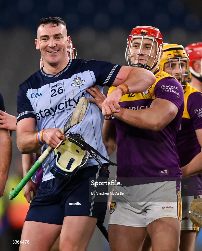 21 February 2026; John Hetherton of Dublin and Lee Chin of Wexford following the Allianz Hurling League Division 1B match between Dublin and Wexford at Croke Park in Dublin. Photo by Stephen McCarthy/Sportsfile