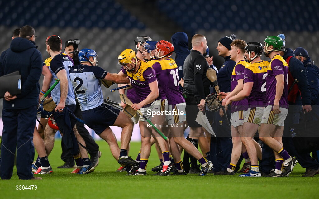 21 February 2026; Wexford and Dublin players following the Allianz Hurling League Division 1B match between Dublin and Wexford at Croke Park in Dublin. Photo by Stephen McCarthy/Sportsfile