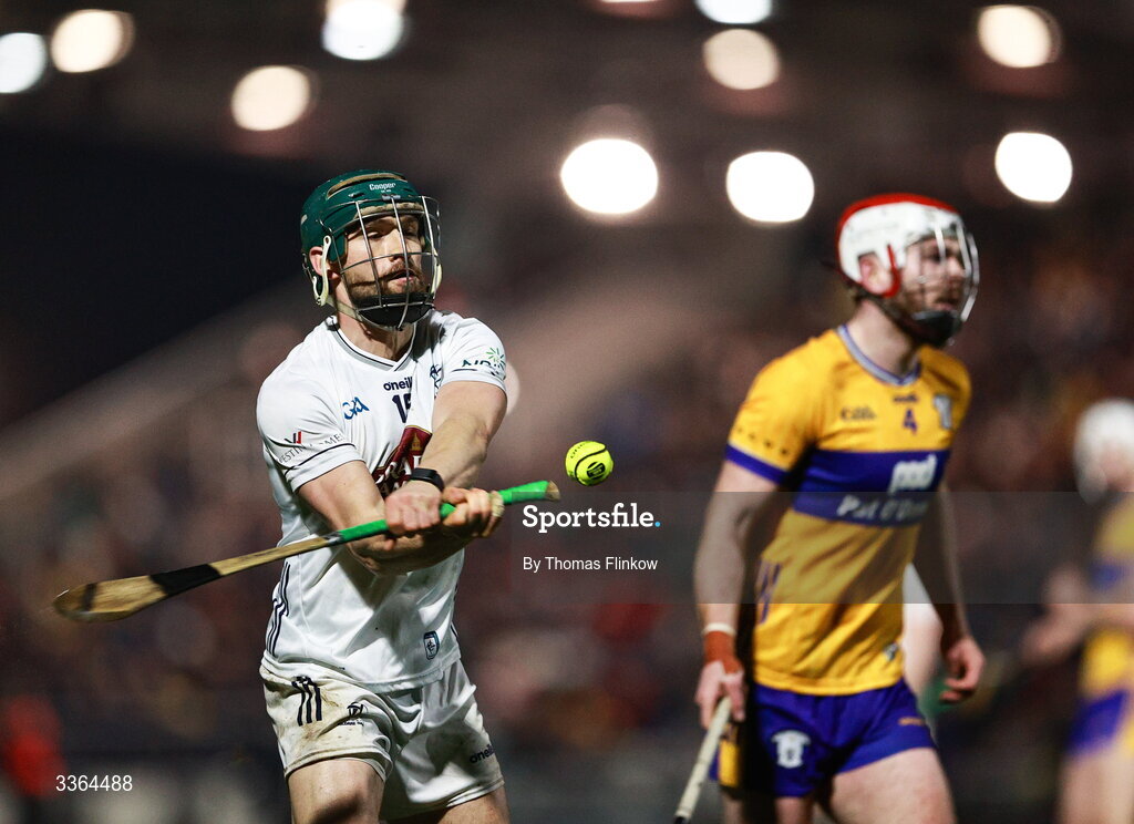 21 February 2026; Gerry Keegan of Kildare scores a point during the Allianz Hurling League Division 1B match between Kildare and Clare at Cedral St Conleth's Park in Newbridge, Kildare. Photo by Thomas Flinkow/Sportsfile