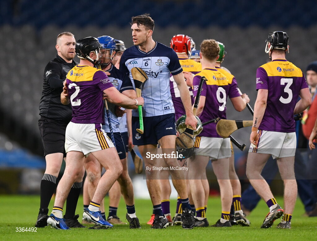 21 February 2026; Wexford and Dublin players following the Allianz Hurling League Division 1B match between Dublin and Wexford at Croke Park in Dublin. Photo by Stephen McCarthy/Sportsfile