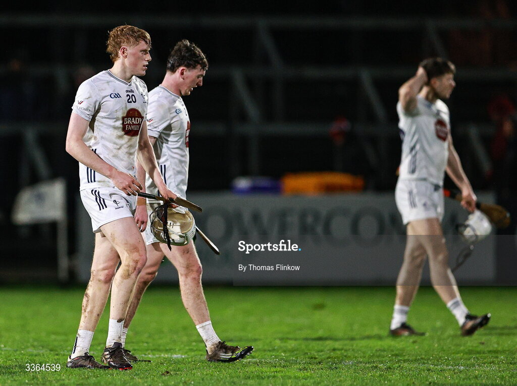 21 February 2026; Kildare players, including Alan Goss, left, after the Allianz Hurling League Division 1B match between Kildare and Clare at Cedral St Conleth's Park in Newbridge, Kildare. Photo by Thomas Flinkow/Sportsfile