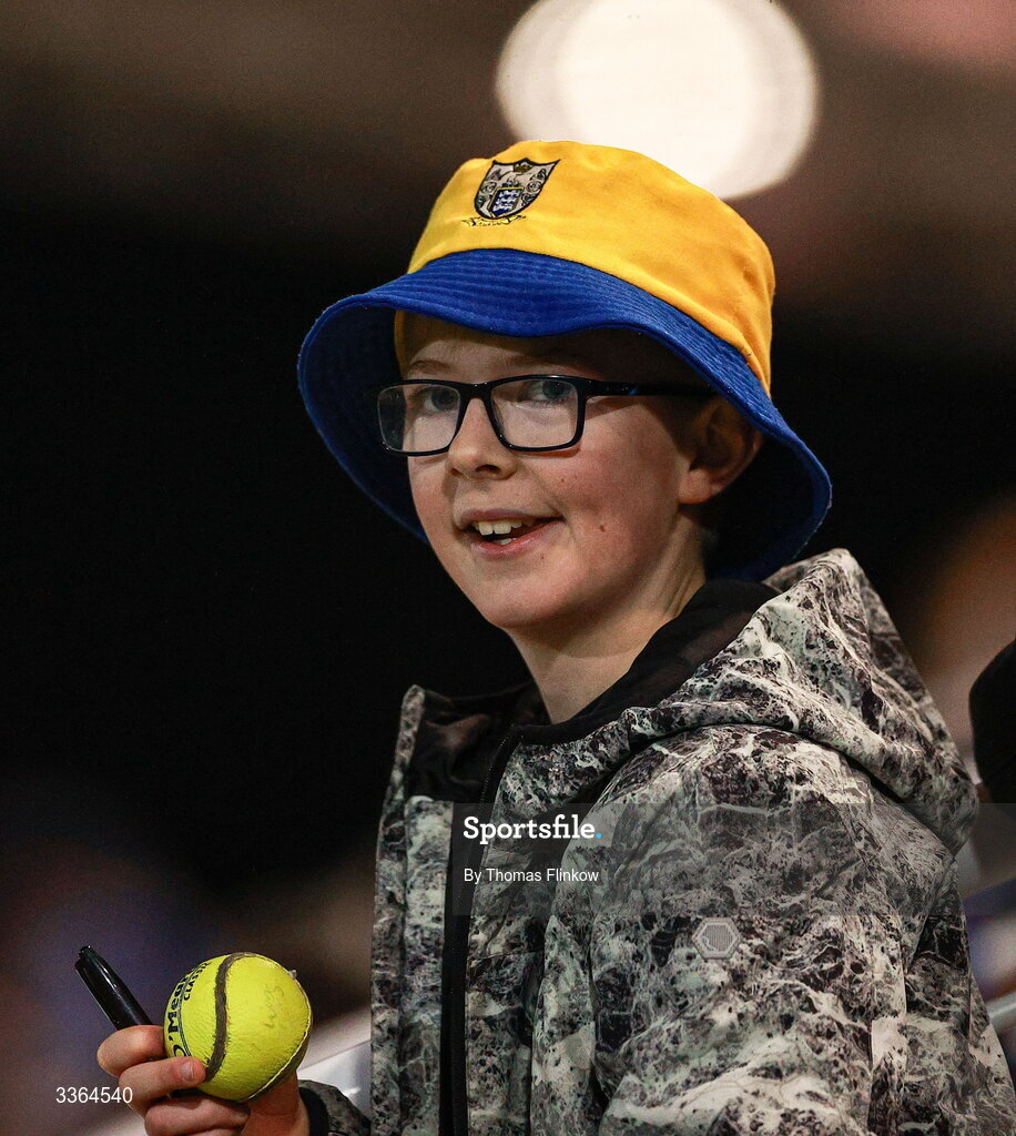 21 February 2026; A young Clare supporter watches on during the Allianz Hurling League Division 1B match between Kildare and Clare at Cedral St Conleth's Park in Newbridge, Kildare. Photo by Thomas Flinkow/Sportsfile