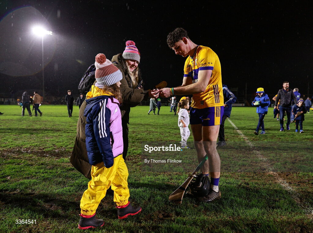 21 February 2026; Niall O'Farrell of Clare signs autographs after the Allianz Hurling League Division 1B match between Kildare and Clare at Cedral St Conleth's Park in Newbridge, Kildare. Photo by Thomas Flinkow/Sportsfile
