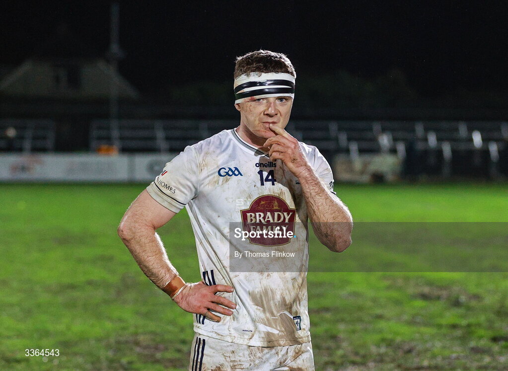21 February 2026; A dejected Muiris Curtin of Kildare after his side's defeat in the Allianz Hurling League Division 1B match between Kildare and Clare at Cedral St Conleth's Park in Newbridge, Kildare. Photo by Thomas Flinkow/Sportsfile
