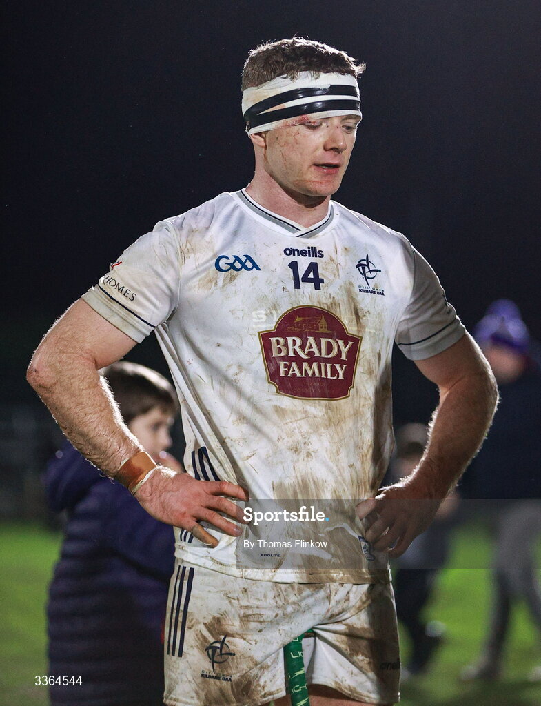 21 February 2026; A dejected Muiris Curtin of Kildare after his side's defeat in the Allianz Hurling League Division 1B match between Kildare and Clare at Cedral St Conleth's Park in Newbridge, Kildare. Photo by Thomas Flinkow/Sportsfile