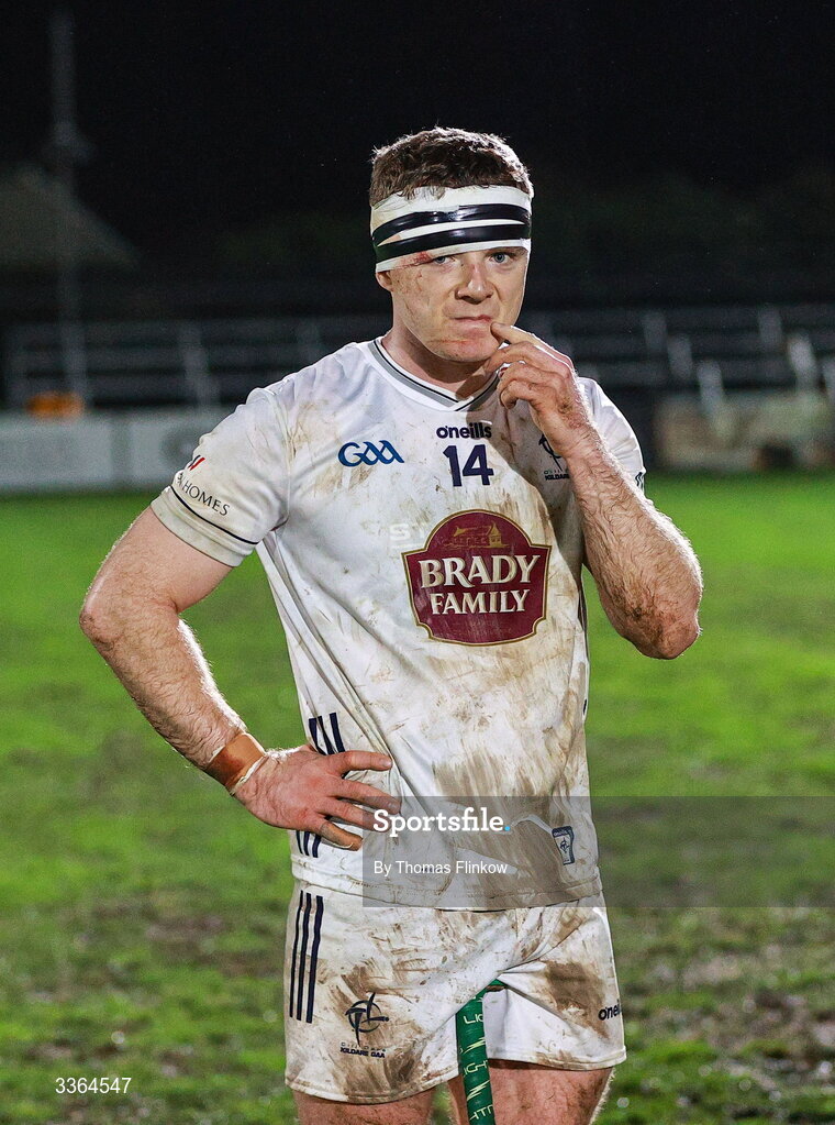 21 February 2026; A dejected Muiris Curtin of Kildare after his side's defeat in the Allianz Hurling League Division 1B match between Kildare and Clare at Cedral St Conleth's Park in Newbridge, Kildare. Photo by Thomas Flinkow/Sportsfile