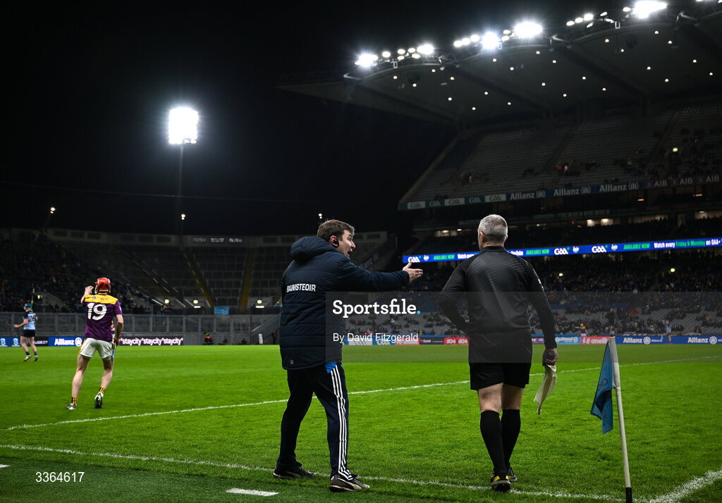 21 February 2026; Dublin manager Niall Ó Ceallacháin remonstrates with officials during the Allianz Hurling League Division 1B match between Dublin and Wexford at Croke Park in Dublin. Photo by David Fitzgerald/Sportsfile