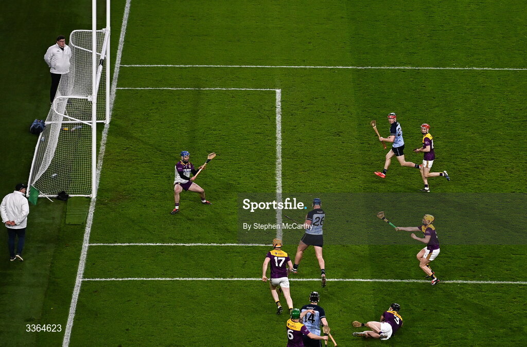 21 February 2026; John Hetherton of Dublin scores his side's fourth goal during the Allianz Hurling League Division 1B match between Dublin and Wexford at Croke Park in Dublin. Photo by Stephen McCarthy/Sportsfile