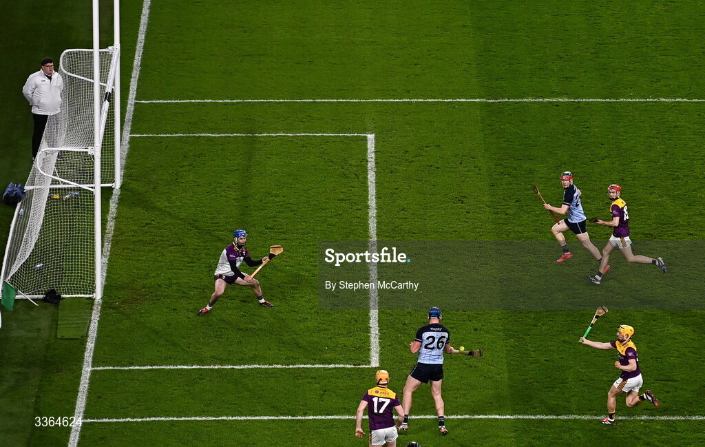 21 February 2026; John Hetherton of Dublin scores his side's fourth goal during the Allianz Hurling League Division 1B match between Dublin and Wexford at Croke Park in Dublin. Photo by Stephen McCarthy/Sportsfile