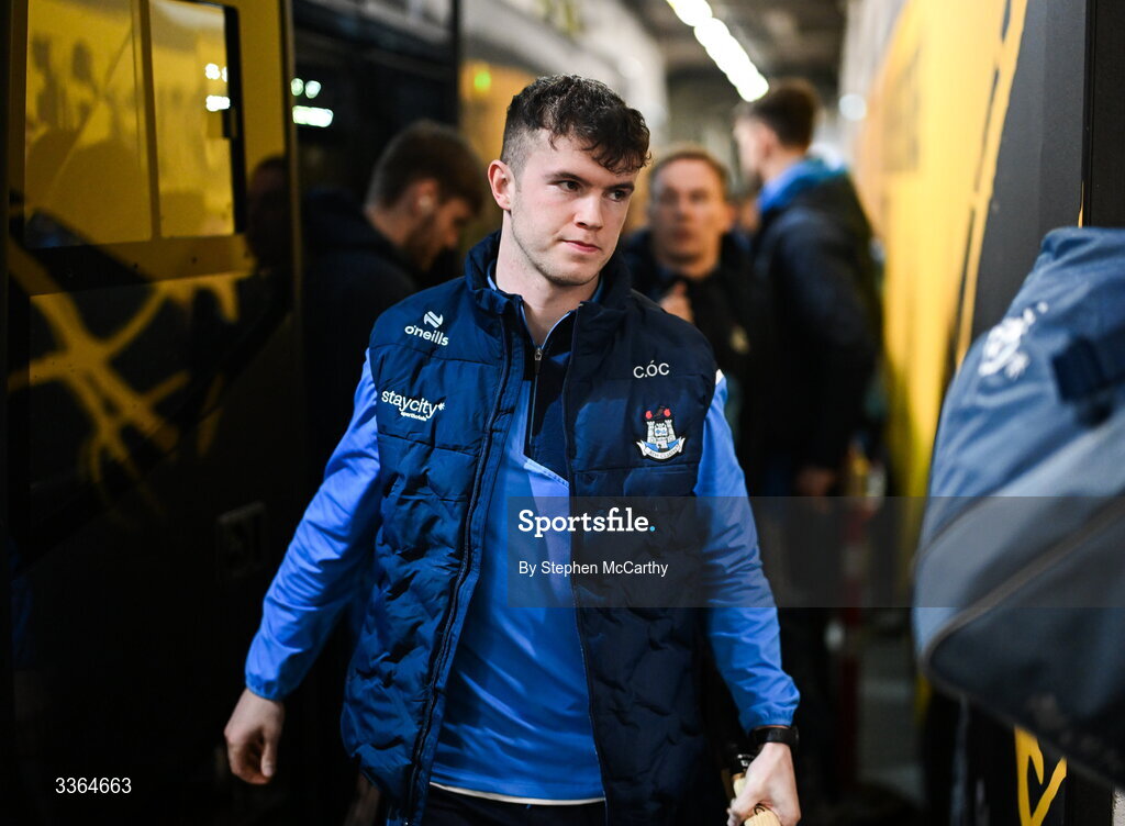 21 February 2026; Cian Ó Cathasaigh of Dublin arrives for the Allianz Hurling League Division 1B match between Dublin and Wexford at Croke Park in Dublin. Photo by Stephen McCarthy/Sportsfile