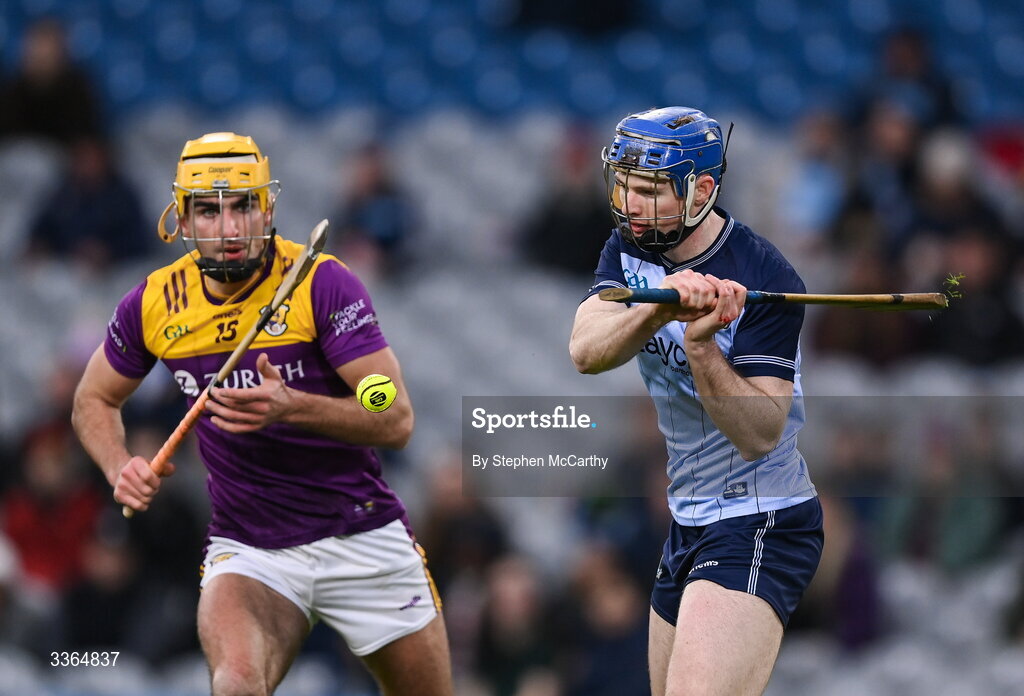 21 February 2026; Conor Burke of Dublin in action against Tomás Kinsella of Wexford during the Allianz Hurling League Division 1B match between Dublin and Wexford at Croke Park in Dublin. Photo by Stephen McCarthy/Sportsfile