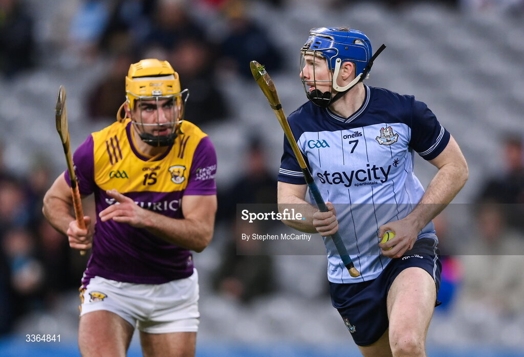 21 February 2026; Conor Burke of Dublin in action against Tomás Kinsella of Wexford during the Allianz Hurling League Division 1B match between Dublin and Wexford at Croke Park in Dublin. Photo by Stephen McCarthy/Sportsfile