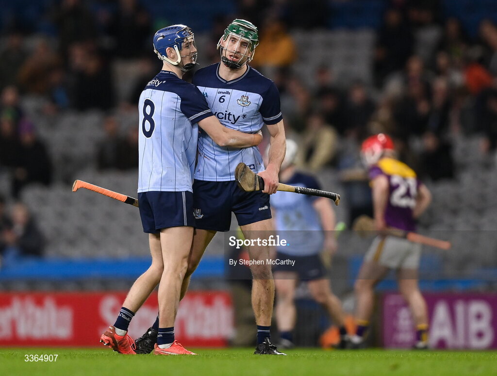 21 February 2026; Brian Hayes, 8, and Chris Crummey of Dublin after the Allianz Hurling League Division 1B match between Dublin and Wexford at Croke Park in Dublin. Photo by Stephen McCarthy/Sportsfile
