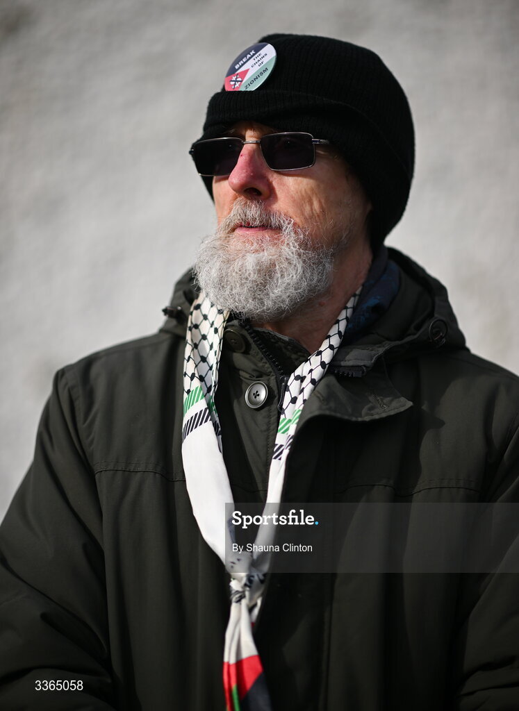 22 February 2026; A protestor is seen outside the grounds before the Allianz Football League Division 2 match between Louth and Tyrone at DEFY Pairc Mhuire in Ardee, Louth. Photo by Shauna Clinton/Sportsfile