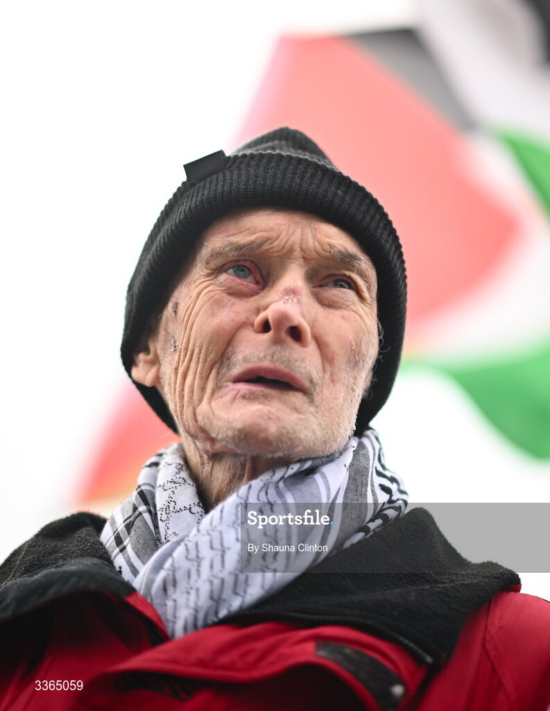 22 February 2026; Former Dublin player David Hickey protests outside the grounds before the Allianz Football League Division 2 match between Louth and Tyrone at DEFY Pairc Mhuire in Ardee, Louth. Photo by Shauna Clinton/Sportsfile