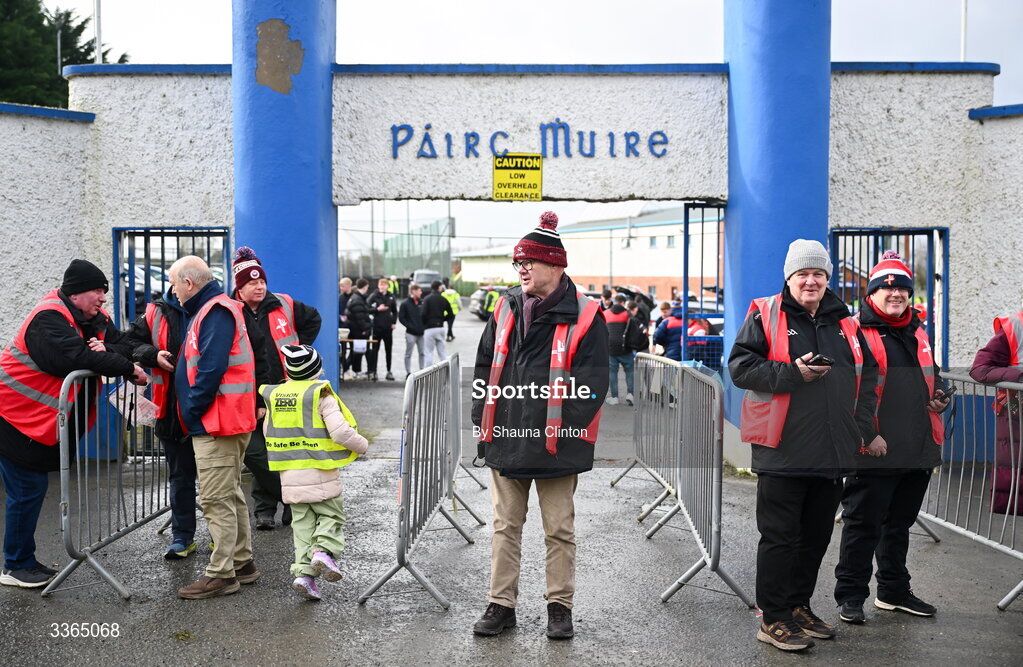 22 February 2026; Stewards wait at the gate of the venue before the Allianz Football League Division 2 match between Louth and Tyrone at DEFY Pairc Mhuire in Ardee, Louth. Photo by Shauna Clinton/Sportsfile