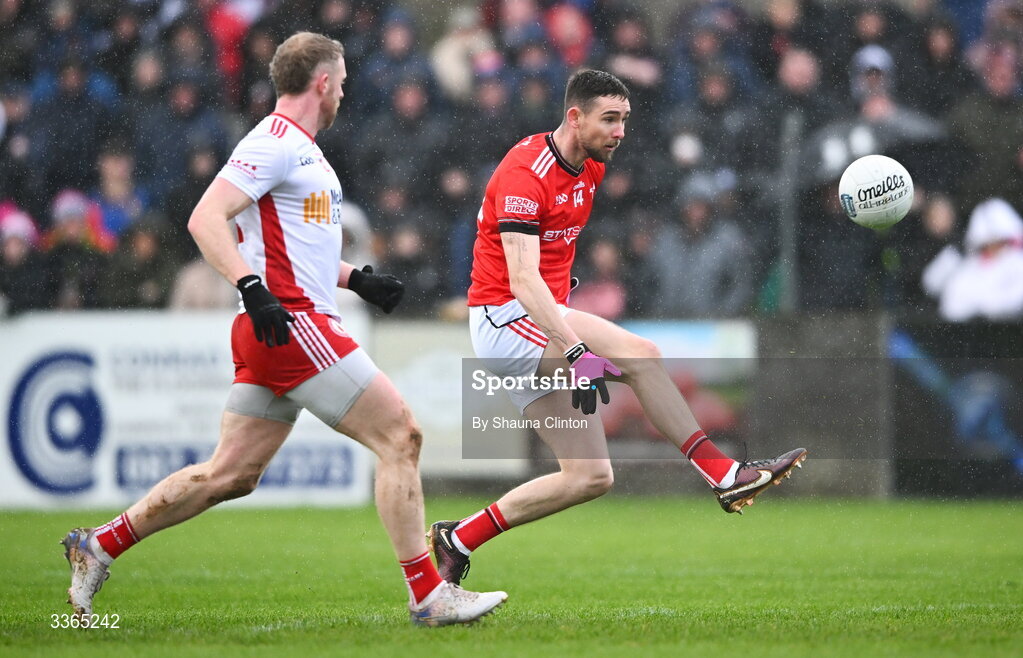 22 February 2026; Ciarán Downey of Louth scores his side's first goal during the Allianz Football League Division 2 match between Louth and Tyrone at DEFY Pairc Mhuire in Ardee, Louth. Photo by Shauna Clinton/Sportsfile