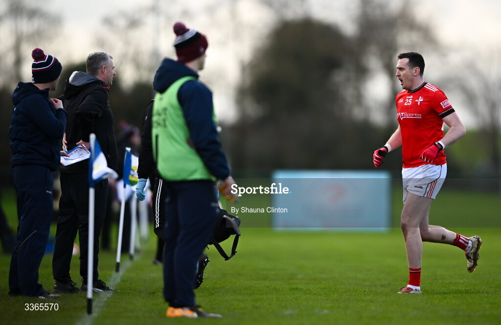 22 February 2026; Tommy Durnin of Louth leaves the pitch after receiving a black card, two minutes after coming on as a substitute, during the Allianz Football League Division 2 match between Louth and Tyrone at DEFY Pairc Mhuire in Ardee, Louth. Photo by Shauna Clinton/Sportsfile