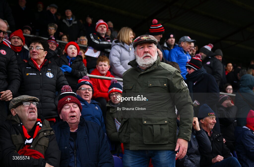 22 February 2026; Tyrone supporters react during the Allianz Football League Division 2 match between Louth and Tyrone at DEFY Pairc Mhuire in Ardee, Louth. Photo by Shauna Clinton/Sportsfile