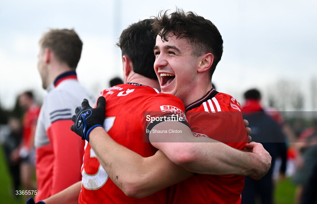 22 February 2026; Tadhg McDonnell of Louth. right, celebrates with team-mate Kieran McArdle after his side's victory in the Allianz Football League Division 2 match between Louth and Tyrone at DEFY Pairc Mhuire in Ardee, Louth. Photo by Shauna Clinton/Sportsfile