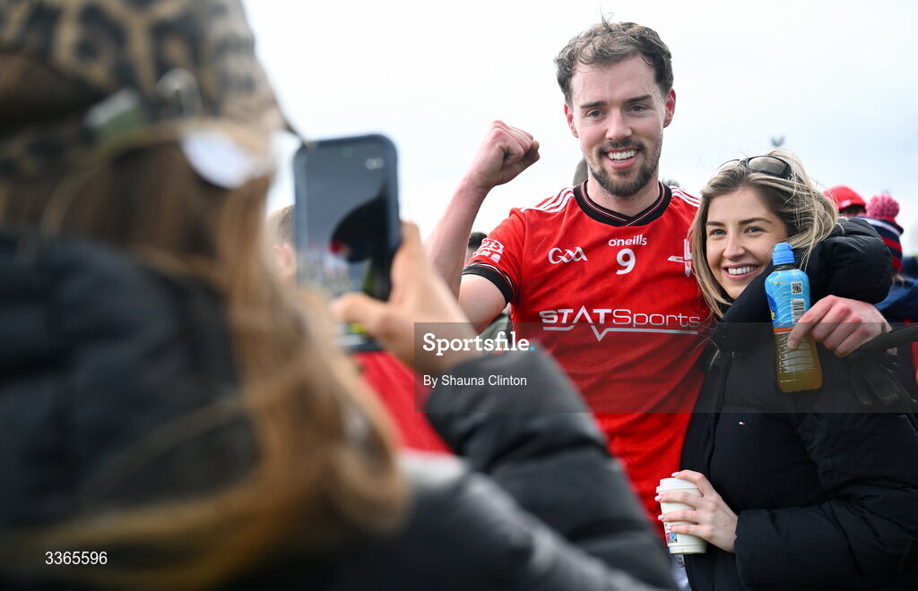 22 February 2026; Conor Early of Louth with supporters after his side's victory in the Allianz Football League Division 2 match between Louth and Tyrone at DEFY Pairc Mhuire in Ardee, Louth. Photo by Shauna Clinton/Sportsfile