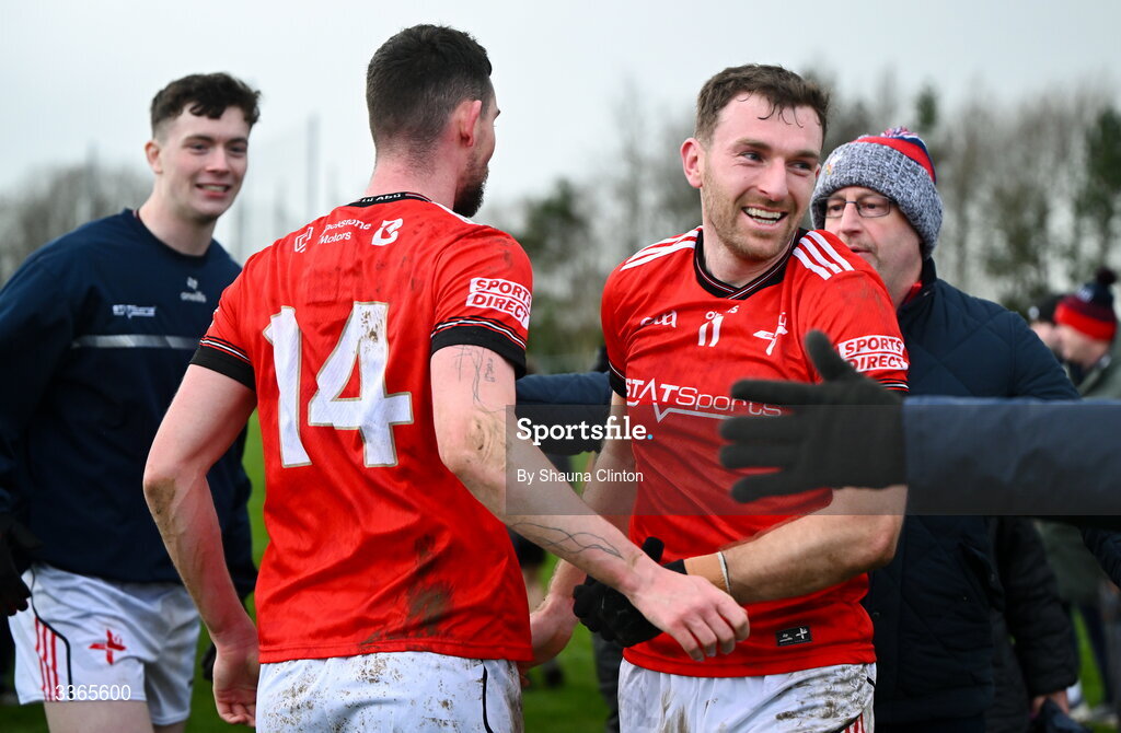 22 February 2026; Sam Mulroy of Louth, right, and team-mate Ciarán Downey, 14 after their side's victory in the Allianz Football League Division 2 match between Louth and Tyrone at DEFY Pairc Mhuire in Ardee, Louth. Photo by Shauna Clinton/Sportsfile