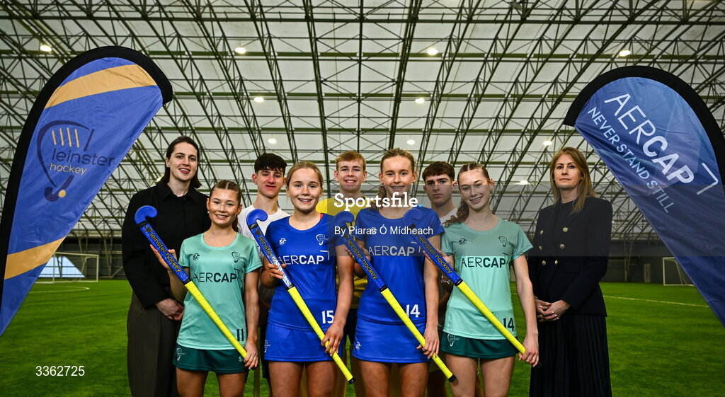 25 February 2026; Pictured at the announcement of Leinster Hockey’s renewed Development Programme partnership with AerCap are, Denise McKenna, General Manager, Leinster Hockey, Gillian Culhane, Head of Corporate Communications & Marketing, AerCap, and playing members of the Leinster Hockey Development Programme. Photo by Piaras Ó Mídheach/Sportsfile