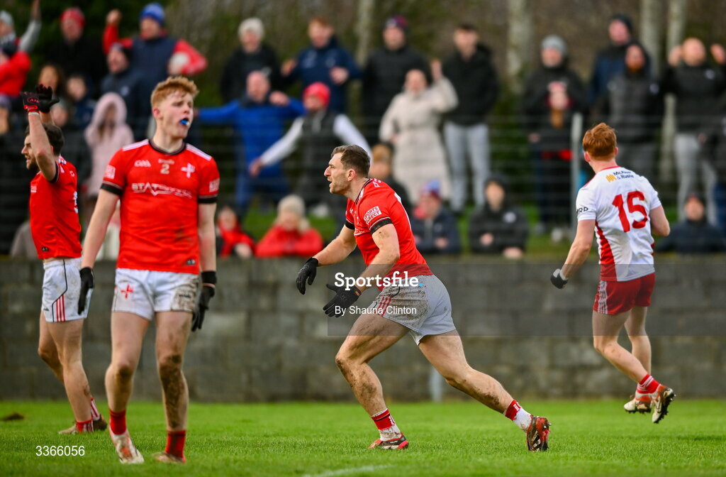 22 February 2026; Sam Mulroy of Louth, centre, and team-mates react during the Allianz Football League Division 2 match between Louth and Tyrone at DEFY Pairc Mhuire in Ardee, Louth. Photo by Shauna Clinton/Sportsfile