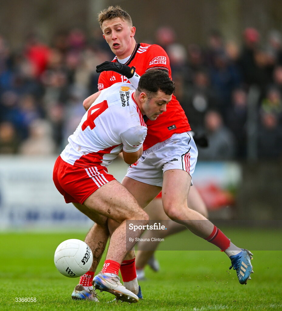 22 February 2026; Michael Rafferty of Tyrone is tackled by Kieran McArdle of Louth during the Allianz Football League Division 2 match between Louth and Tyrone at DEFY Pairc Mhuire in Ardee, Louth. Photo by Shauna Clinton/Sportsfile