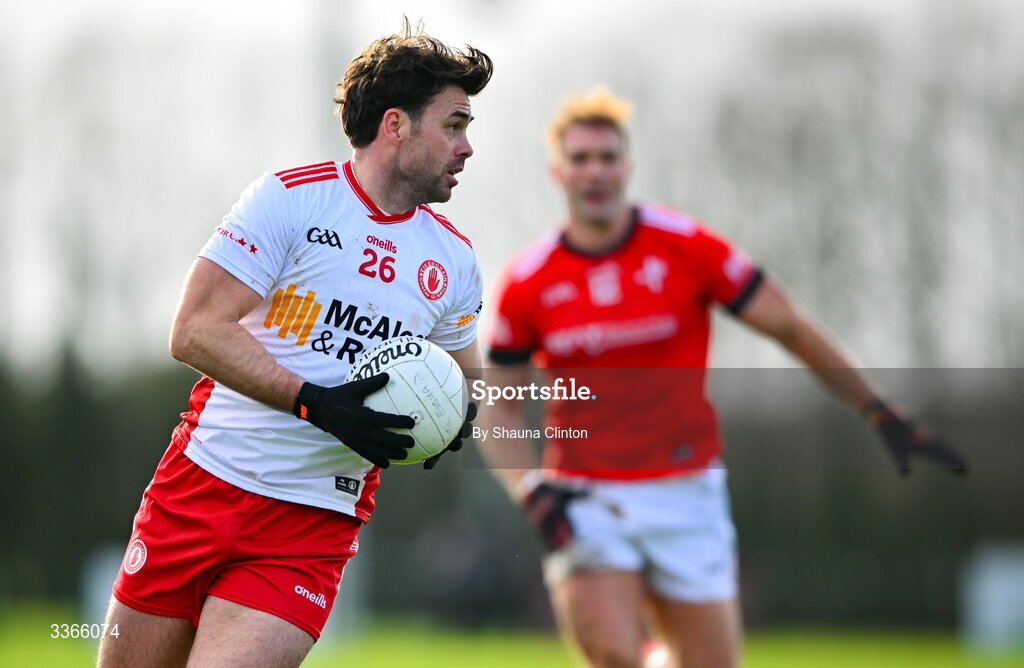 22 February 2026; Ciarán Bogue of Tyrone during the Allianz Football League Division 2 match between Louth and Tyrone at DEFY Pairc Mhuire in Ardee, Louth. Photo by Shauna Clinton/Sportsfile