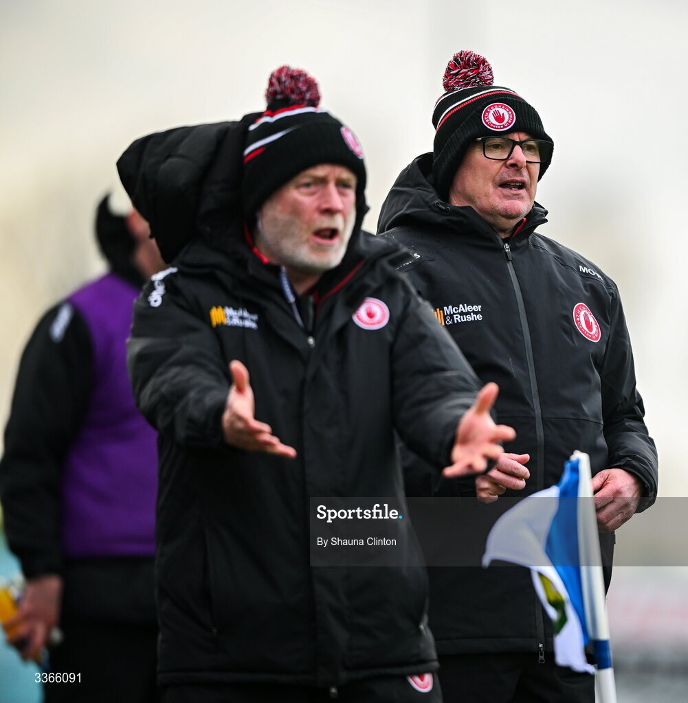 22 February 2026; Tyrone manager Malachy O'Rourke, right, with selector Leo McBride during the Allianz Football League Division 2 match between Louth and Tyrone at DEFY Pairc Mhuire in Ardee, Louth. Photo by Shauna Clinton/Sportsfile