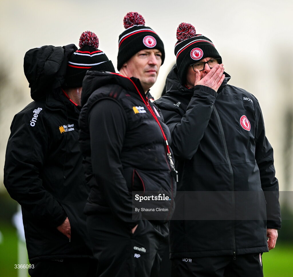 22 February 2026; Tyrone manager Malachy O'Rourke, right, with coach Ryan Porter during the Allianz Football League Division 2 match between Louth and Tyrone at DEFY Pairc Mhuire in Ardee, Louth. Photo by Shauna Clinton/Sportsfile