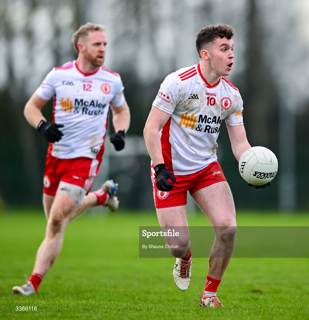 22 February 2026; Eoin McElholm of Tyrone during the Allianz Football League Division 2 match between Louth and Tyrone at DEFY Pairc Mhuire in Ardee, Louth. Photo by Shauna Clinton/Sportsfile