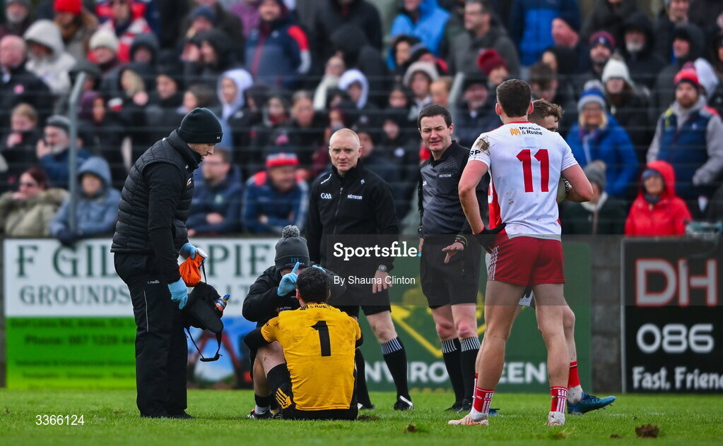 22 February 2026; Tyrone goalkeeper Niall Morgan receives medical attention during the Allianz Football League Division 2 match between Louth and Tyrone at DEFY Pairc Mhuire in Ardee, Louth. Photo by Shauna Clinton/Sportsfile