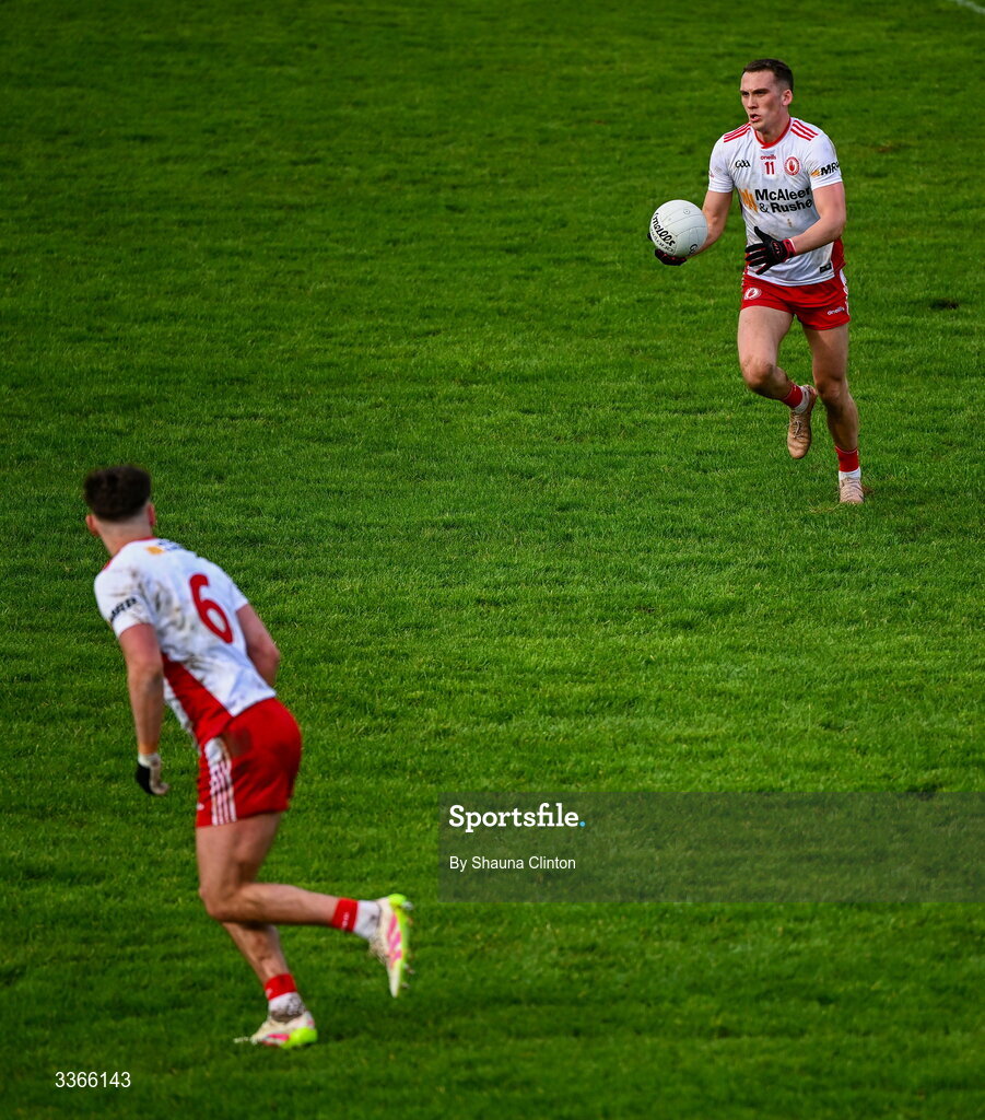 22 February 2026; Tyrone players Conn Fitzpatrick, right, and Michael McKernan during the Allianz Football League Division 2 match between Louth and Tyrone at DEFY Pairc Mhuire in Ardee, Louth. Photo by Shauna Clinton/Sportsfile