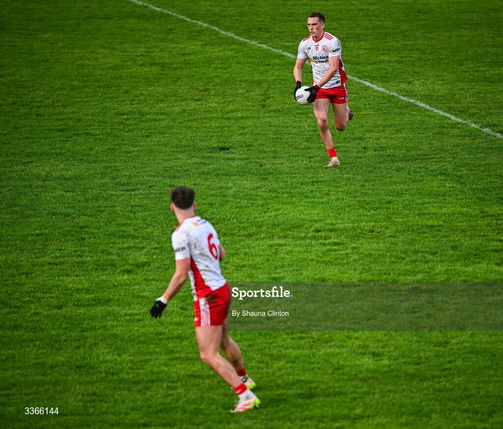 22 February 2026; Tyrone players Conn Fitzpatrick, right, and Michael McKernan during the Allianz Football League Division 2 match between Louth and Tyrone at DEFY Pairc Mhuire in Ardee, Louth. Photo by Shauna Clinton/Sportsfile