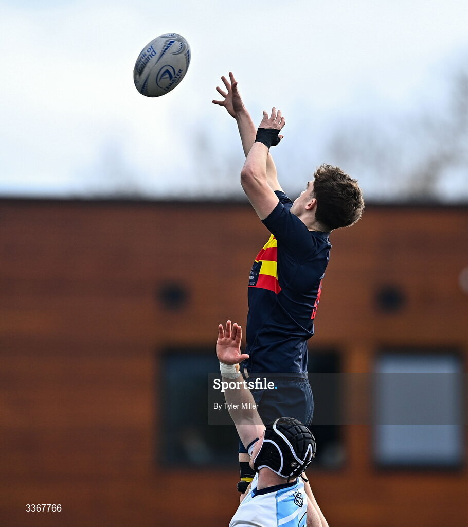 25 February 2026; Matt Smullen of Temple Carrig wins possession in a line-out during the Bank of Ireland Leinster Rugby Boys Schools Vinnie Murray Cup semi-final match between St Vincent's Castleknock College and Temple Carrig at Energia Park in Dublin. Photo by Tyler Miller/Sportsfile