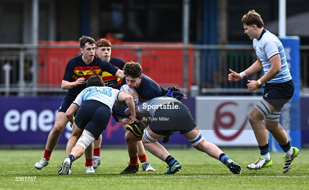 25 February 2026; Matt Smullen of Temple Carrig is tackled by Robert Mulligan, left, and Luke Hanly of St Vincent's Castleknock College during the Bank of Ireland Leinster Rugby Boys Schools Vinnie Murray Cup semi-final match between St Vincent's Castleknock College and Temple Carrig at Energia Park in Dublin. Photo by Tyler Miller/Sportsfile