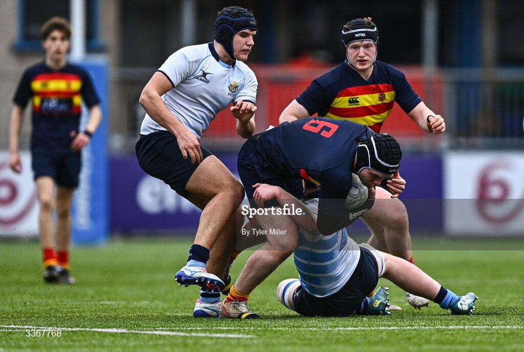 25 February 2026; Charlie Sammon of Temple Carrig is tackled by Luke Hanly of St Vincent's Castleknock College during the Bank of Ireland Leinster Rugby Boys Schools Vinnie Murray Cup semi-final match between St Vincent's Castleknock College and Temple Carrig at Energia Park in Dublin. Photo by Tyler Miller/Sportsfile