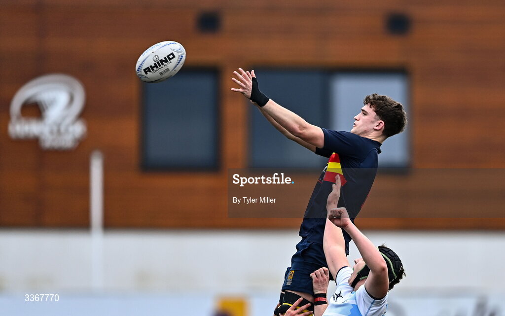 25 February 2026; Matt Smullen of Temple Carrig wins possession in a line-out during the Bank of Ireland Leinster Rugby Boys Schools Vinnie Murray Cup semi-final match between St Vincent's Castleknock College and Temple Carrig at Energia Park in Dublin. Photo by Tyler Miller/Sportsfile