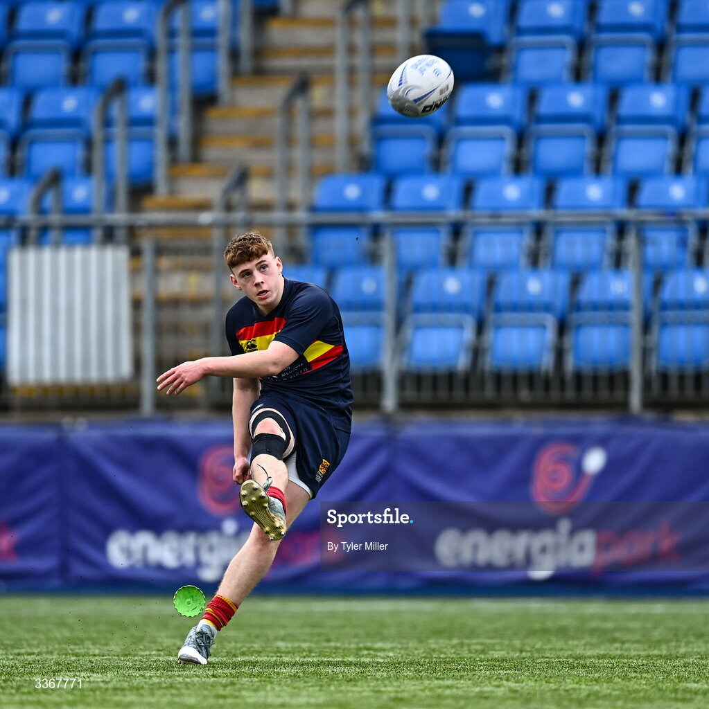 25 February 2026; Corey O'Brien of Temple Carrig kicks a conversion during the Bank of Ireland Leinster Rugby Boys Schools Vinnie Murray Cup semi-final match between St Vincent's Castleknock College and Temple Carrig at Energia Park in Dublin. Photo by Tyler Miller/Sportsfile