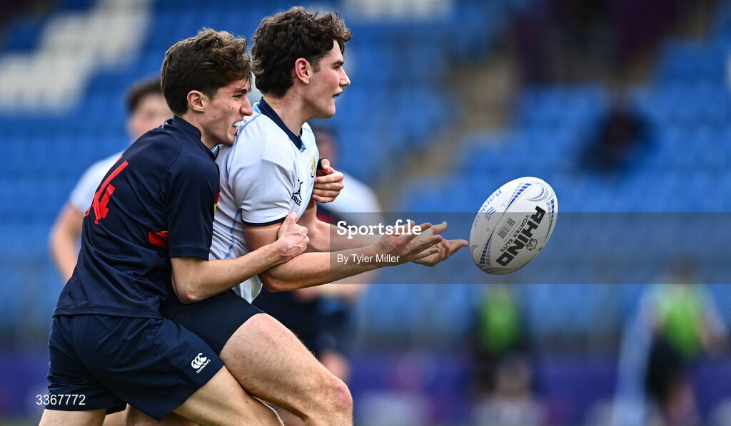 25 February 2026; Cory O'Connor of St Vincent's Castleknock College is tackled by Thomas Corbett of Temple Carrig during the Bank of Ireland Leinster Rugby Boys Schools Vinnie Murray Cup semi-final match between St Vincent's Castleknock College and Temple Carrig at Energia Park in Dublin. Photo by Tyler Miller/Sportsfile
