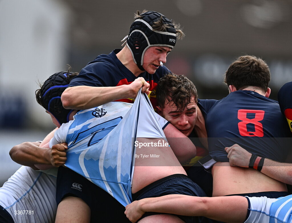 25 February 2026; Oliver Warnock of Temple Carrig, left, helps his teammates in a scrum during the Bank of Ireland Leinster Rugby Boys Schools Vinnie Murray Cup semi-final match between St Vincent's Castleknock College and Temple Carrig at Energia Park in Dublin. Photo by Tyler Miller/Sportsfile