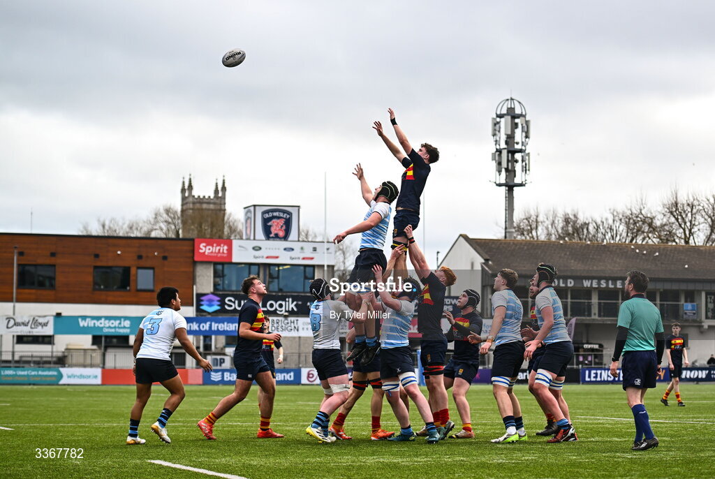 25 February 2026; Matt Smullen of Temple Carrig wins possession in a line-out during the Bank of Ireland Leinster Rugby Boys Schools Vinnie Murray Cup semi-final match between St Vincent's Castleknock College and Temple Carrig at Energia Park in Dublin. Photo by Tyler Miller/Sportsfile