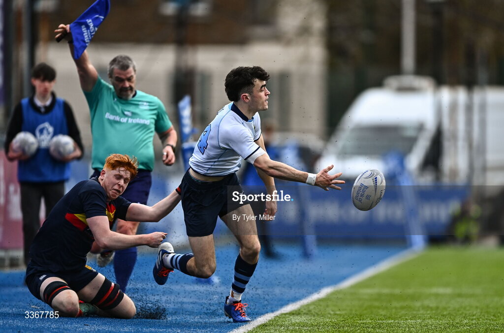 25 February 2026; Jacob O'Rourke of St Vincent's Castleknock College in action against Tiernan Lynch of Temple Carrig during the Bank of Ireland Leinster Rugby Boys Schools Vinnie Murray Cup semi-final match between St Vincent's Castleknock College and Temple Carrig at Energia Park in Dublin. Photo by Tyler Miller/Sportsfile