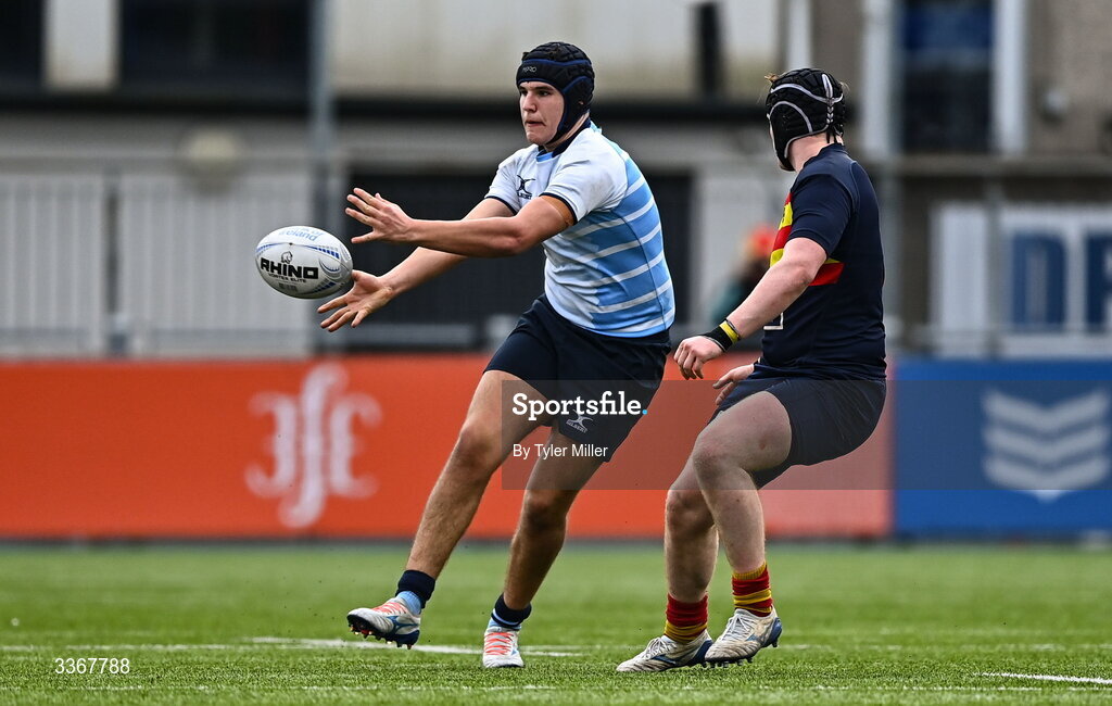 25 February 2026; Jack Brennan of St Vincent's Castleknock College in action against Benjamin Griffiths of Temple Carrig during the Bank of Ireland Leinster Rugby Boys Schools Vinnie Murray Cup semi-final match between St Vincent's Castleknock College and Temple Carrig at Energia Park in Dublin. Photo by Tyler Miller/Sportsfile