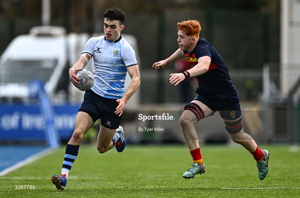 25 February 2026; Jacob O'Rourke of St Vincent's Castleknock College in action against Tiernan Lynch of Temple Carrig during the Bank of Ireland Leinster Rugby Boys Schools Vinnie Murray Cup semi-final match between St Vincent's Castleknock College and Temple Carrig at Energia Park in Dublin. Photo by Tyler Miller/Sportsfile